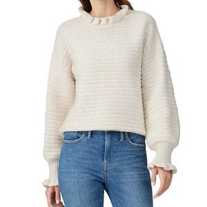 NWOT Madewell Womens Sweater M Cream Ruffle Cotton Merino Wool Coastal Preppy